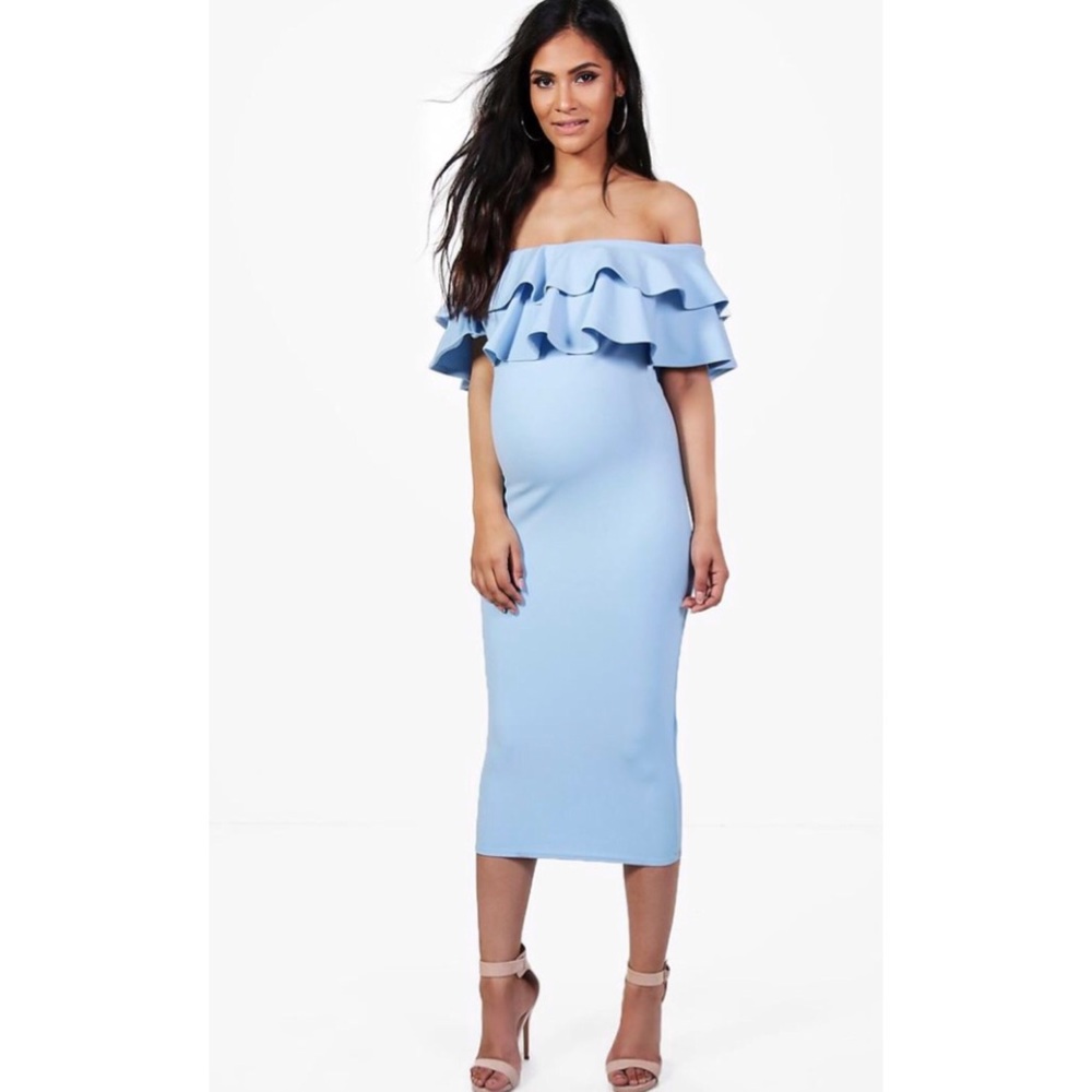 Boohoo Light Blue Off The Shoulder Maternity Dress